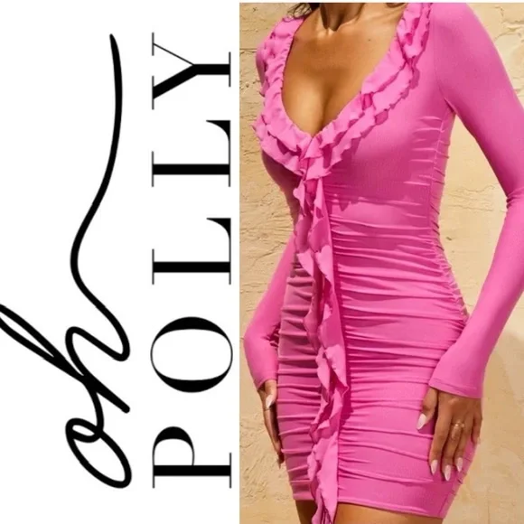NWT Oh Polly Yara Hot Pink Long Sleeve Ruched Mini Bodycon Dress 6 - Picture 2 of 11